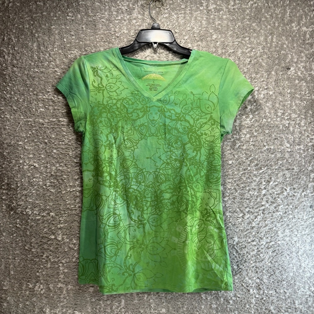 Earth Yoga Organic Cotton Bamboo Tie Dye V-Neck Graphic Tee L Green Sustainable